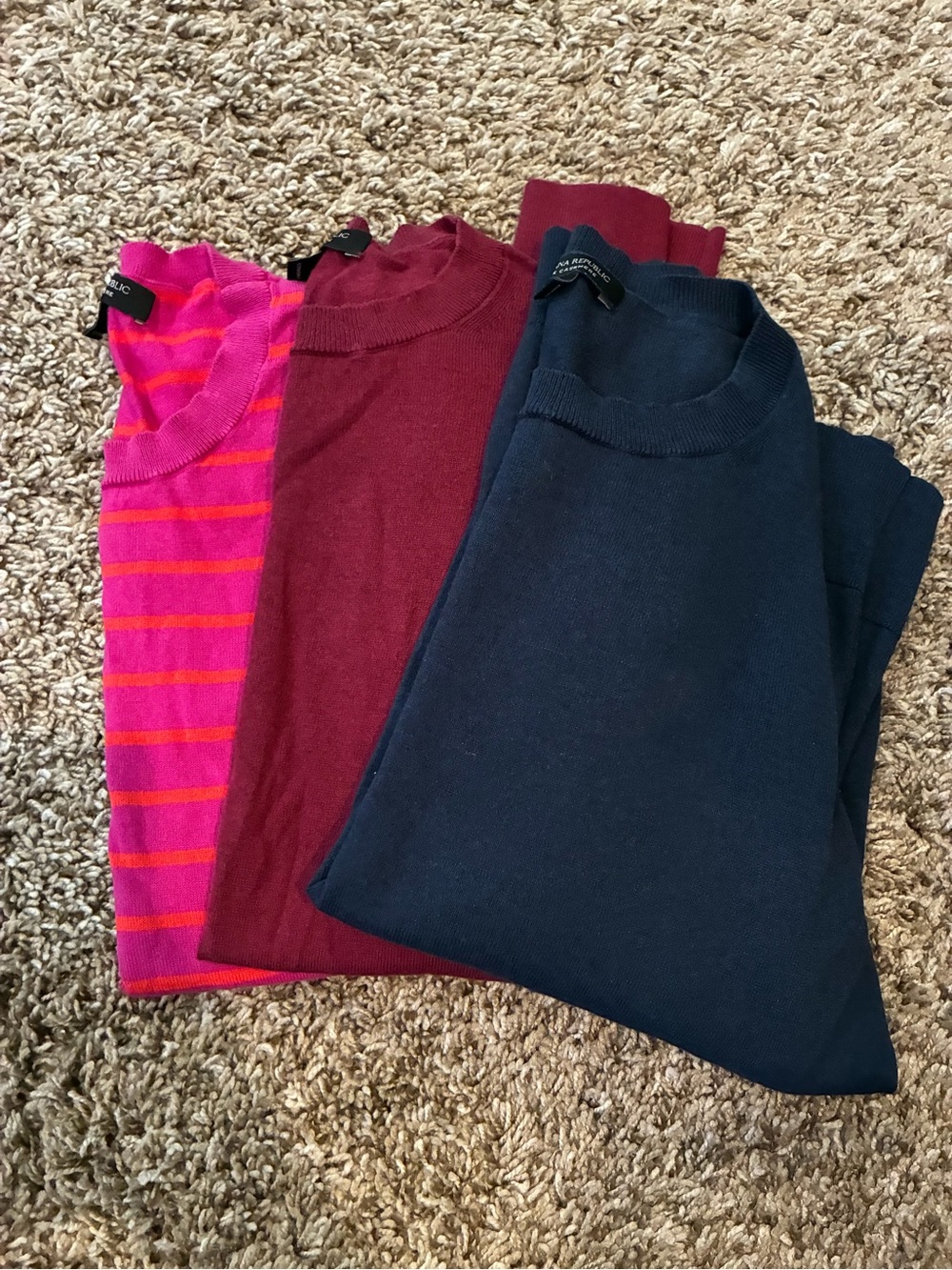 Bundle of Three cashmere/silk Sweaters - Pink Stripe, Burgundy, Navy